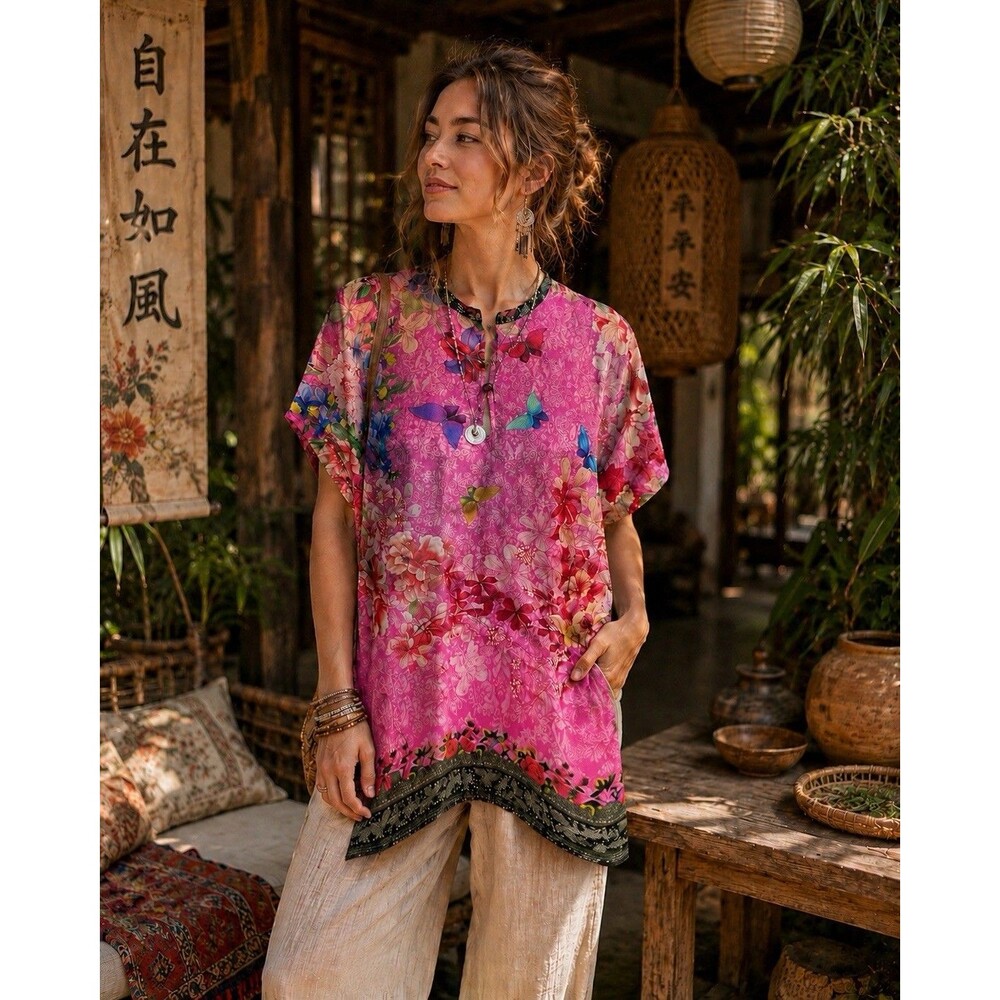 Johnny Was Silk Top Blouse Kimono Tunic Size M Floral Mandarin Collar NWT $198